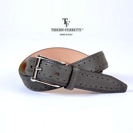 TIBERIO FERRETTI/ティベリオフェレッティ アンティーク加工＆メダリオン ドレスベルト 上質カーフレザー(9885) 30mm  ハンドメイド仕上げ グレー 全3色 9885-gray