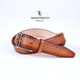 TIBERIO FERRETTI / ティベリオフェレッティ アンティーク加工＆メダリオン ドレスベルト 上質カーフレザー(9885) 30mm  ハンドメイド仕上げ キャメルブラウン 全3色 9885-camel